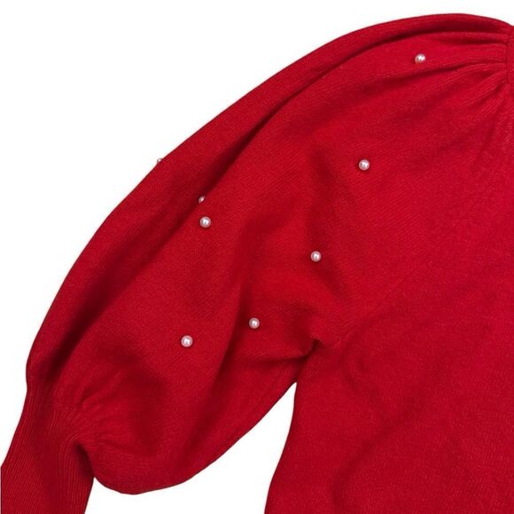 CeCe Women's Embellished-Sleeve Pearl Crewneck Sweater in Bright Cherry - Medium - Picture 6 of 8